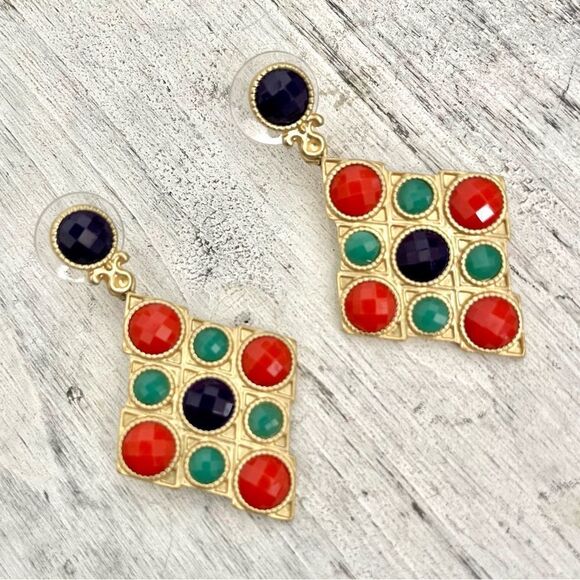 Gold tone checkerboard colorful dangle earrings - Picture 1 of 12